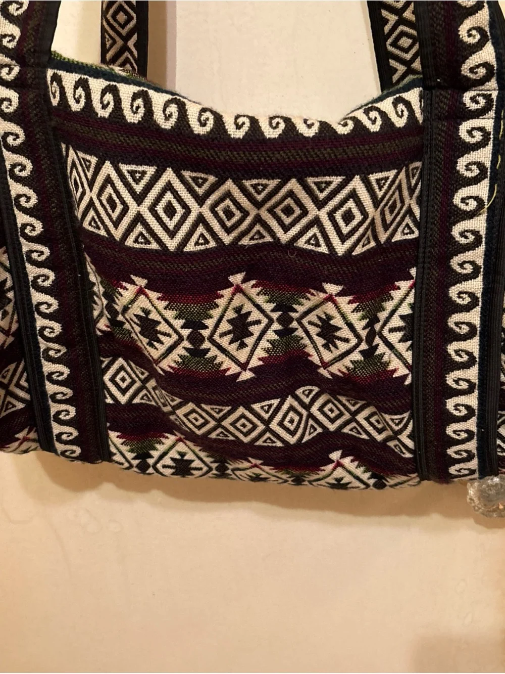 Indigenous Tribal Print Duffel Bag - Black, Cream & Burgundy with animal/lamas.